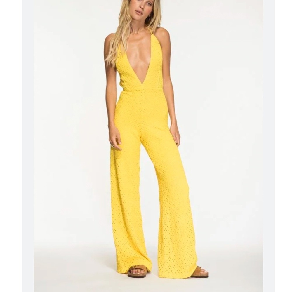 Nightcap Clothing Yellow Crochet Halter Jumpsuit Deep V Wide Leg XS Made in USA